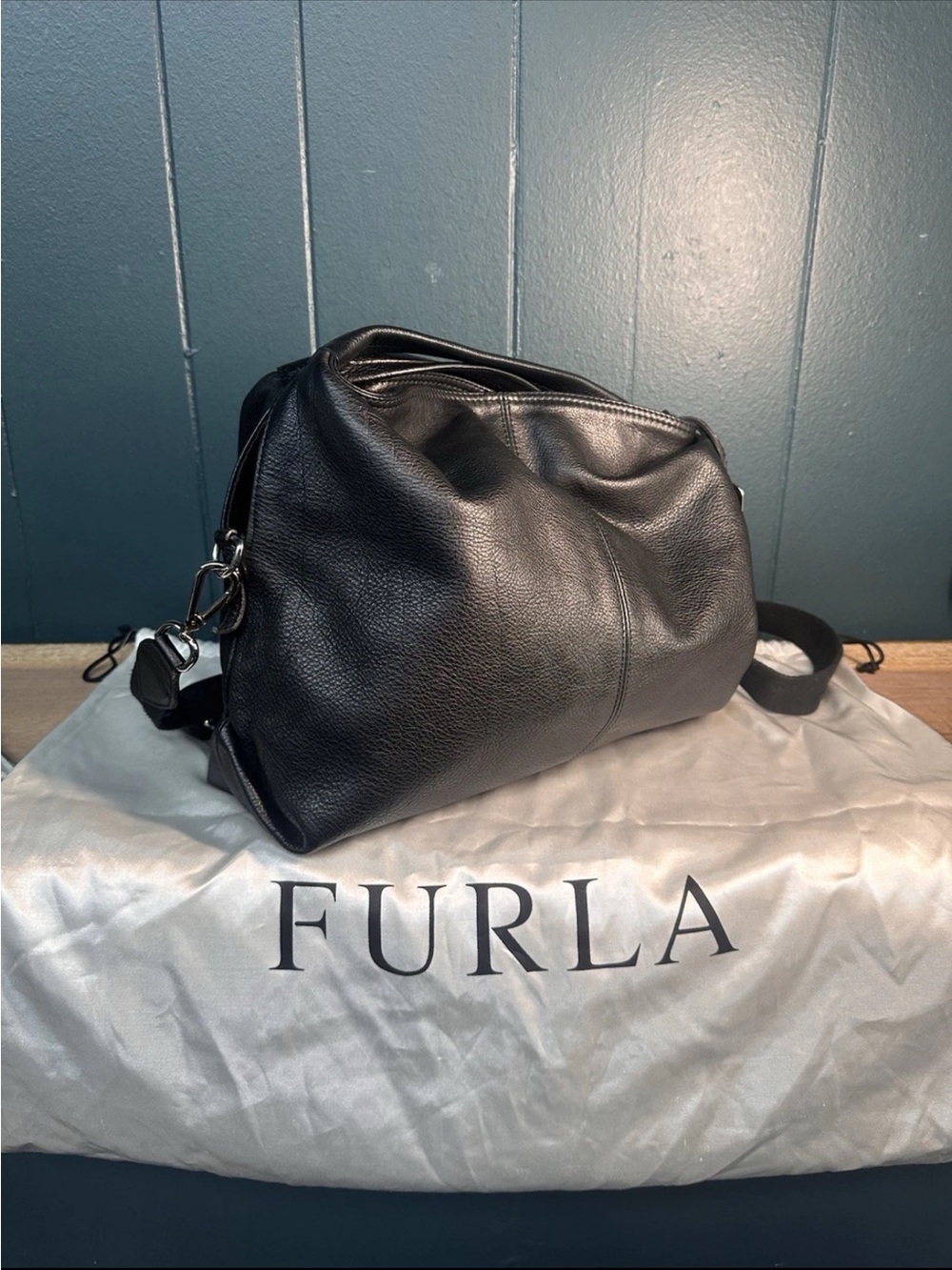 Furla Black Pebbled Leather Hobo Tote Bag Shoulder Crossbody W/ Dust Bag